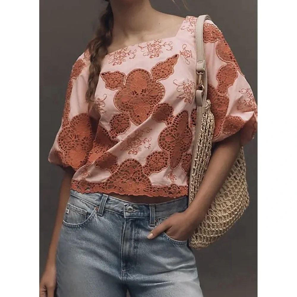 Anthropologie Cotton Puff-Sleeve Cutwork Blouse XL Peach